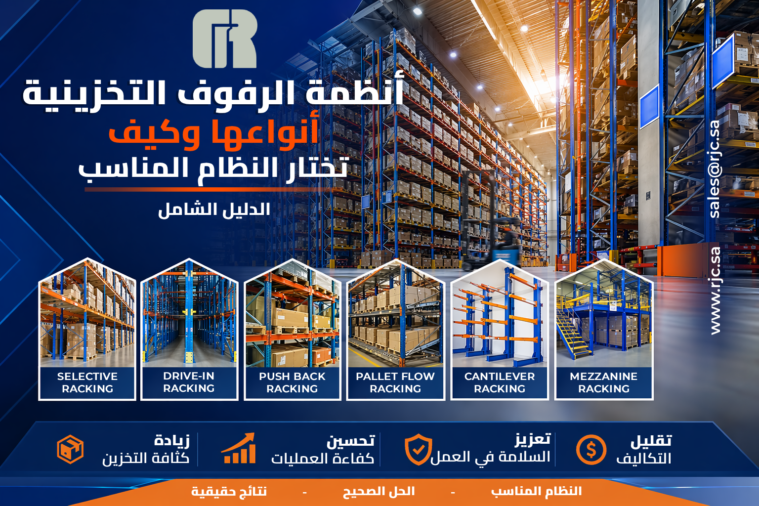 أنواع مختلفة من أنظمة الرفوف التخزينية داخل مستودع صناعي حديث