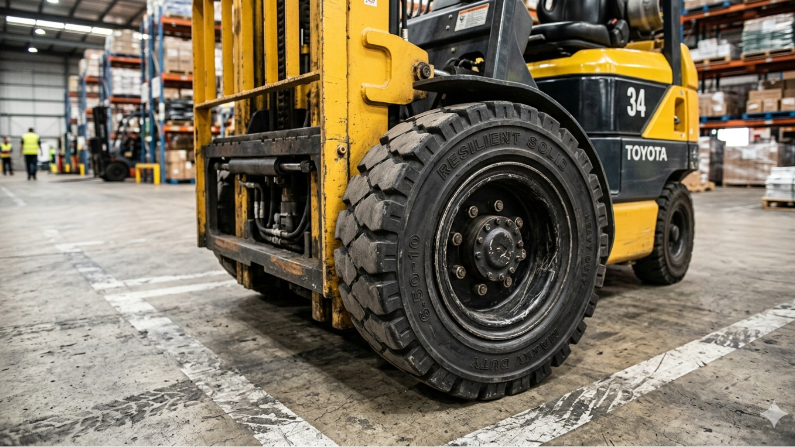 Black solid forklift tires used in an indoor industrial warehouse