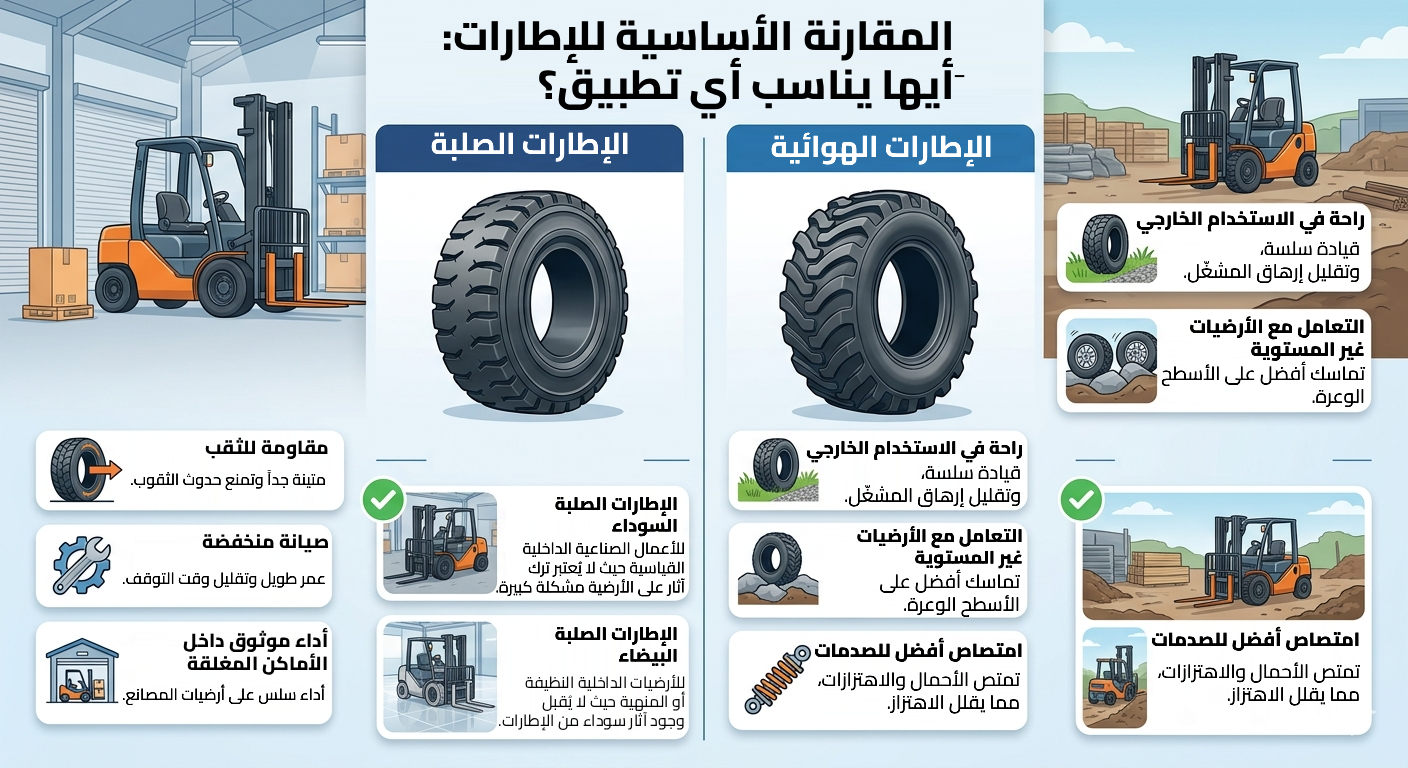 مقارنة جنبًا إلى جنب للإطارات المصمتة السوداء والبيضاء والإطارات الهوائية