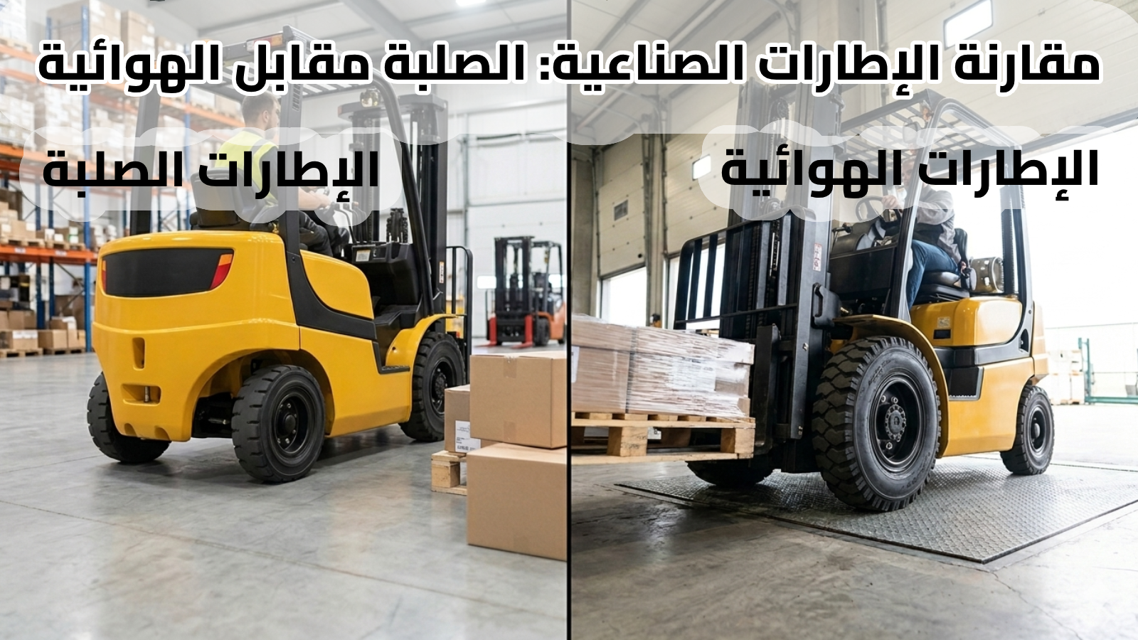 مقارنة إطارات الرافعة الشوكية تظهر الإطارات المصمتة والإطارات الهوائية في بيئة صناعية
