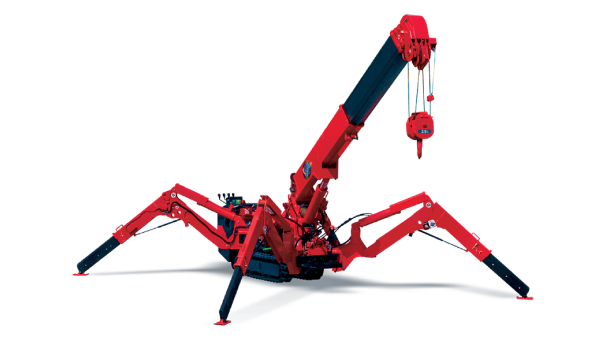 Compact spider crane with telescopic lifting boom and stabilizing outriggers