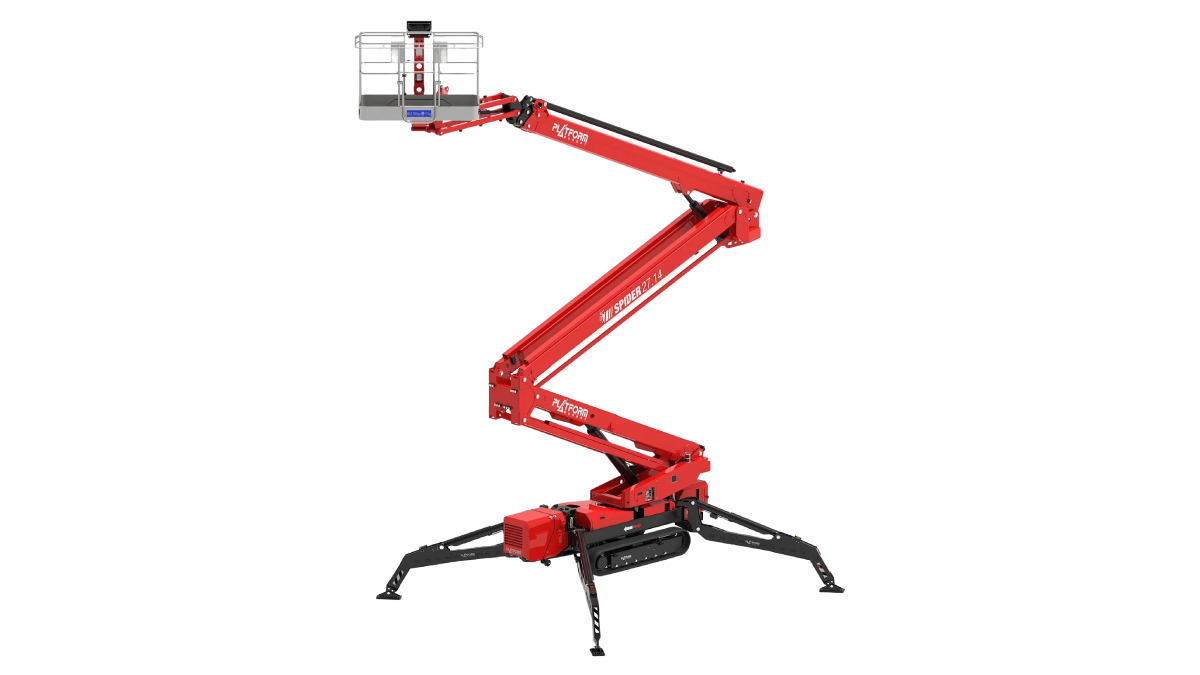 Spider lift with a compact tracked chassis, stabilizing outriggers and personnel work platform