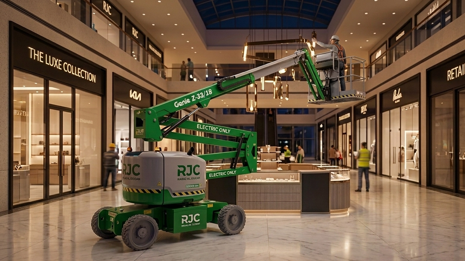 Articulating electric boom lift reaching over an obstacle inside a commercial retail area