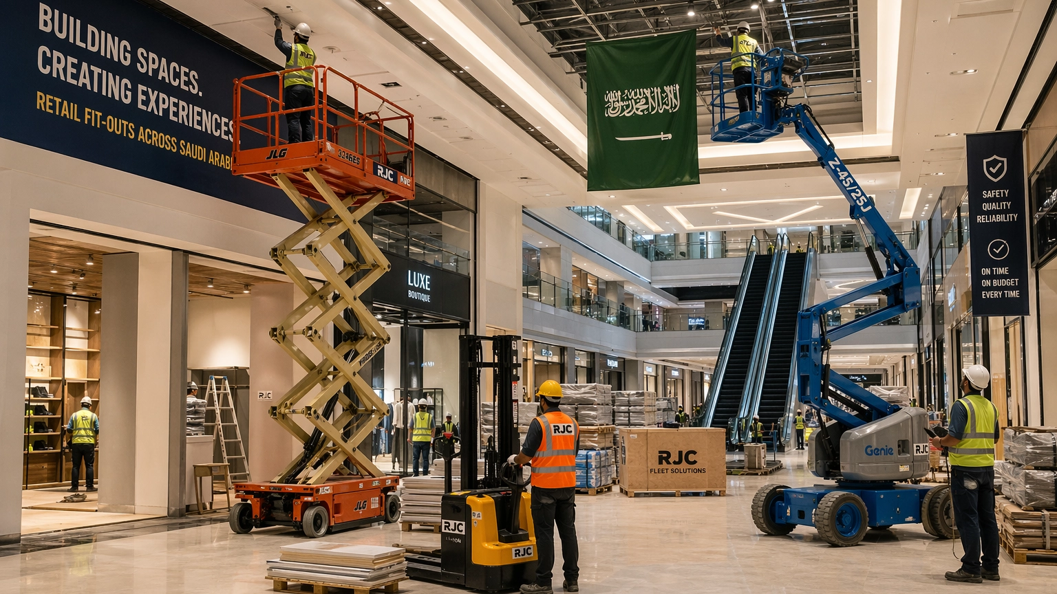 Retail fit-out equipment working inside a modern mall in Saudi Arabia